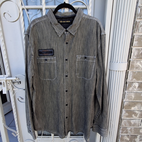 Harley Davidson Button Up Long Sleeve Embroidered Striped Shirt Men Size XXL - Picture 3 of 16